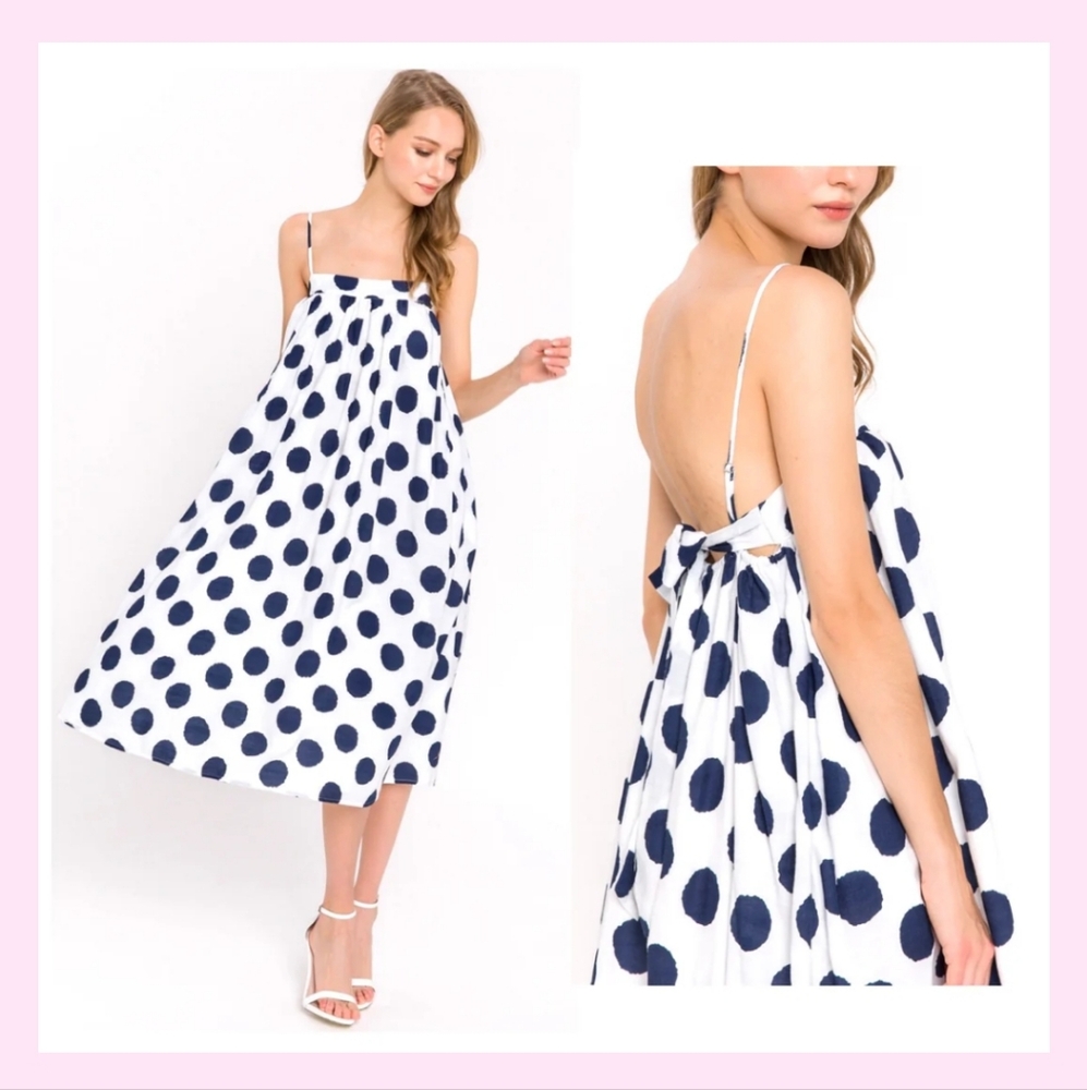 Elegant Polka Dot Dress in Navy and White